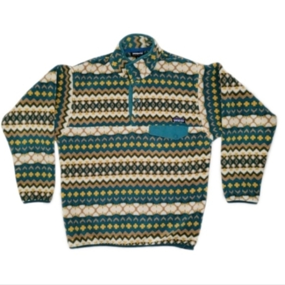 Patagonia Synchilla Snap Cliff Arbor Aztec Green Tan Sweater Jacket Men Medium - Picture 3 of 13
